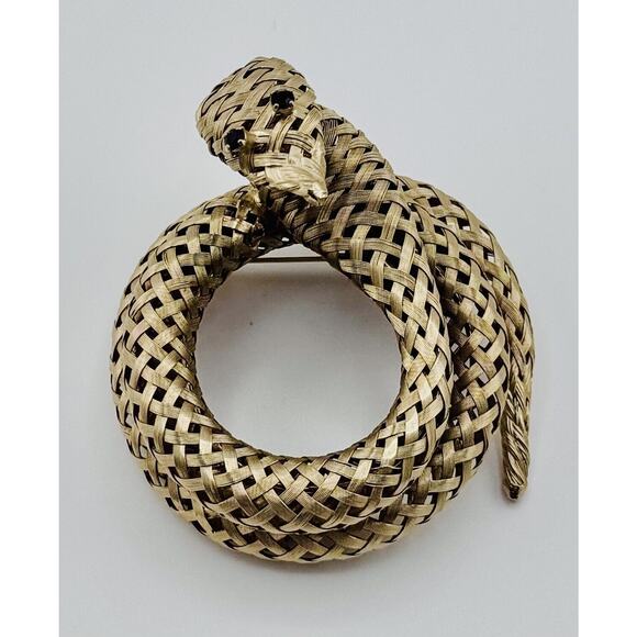 Vintage Coiled Woven Mesh Snake Brooch Pin Rhinestone Eyes - Picture 1 of 10